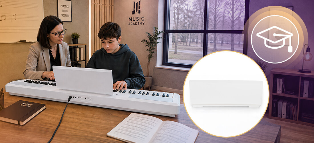 Pianino cyfrowe MUSICMATE MM-P30-W ConcertoGo regulacja dynamiki transpozycja pamięć ustawień, dziecko z rodzicem grające na pianinie