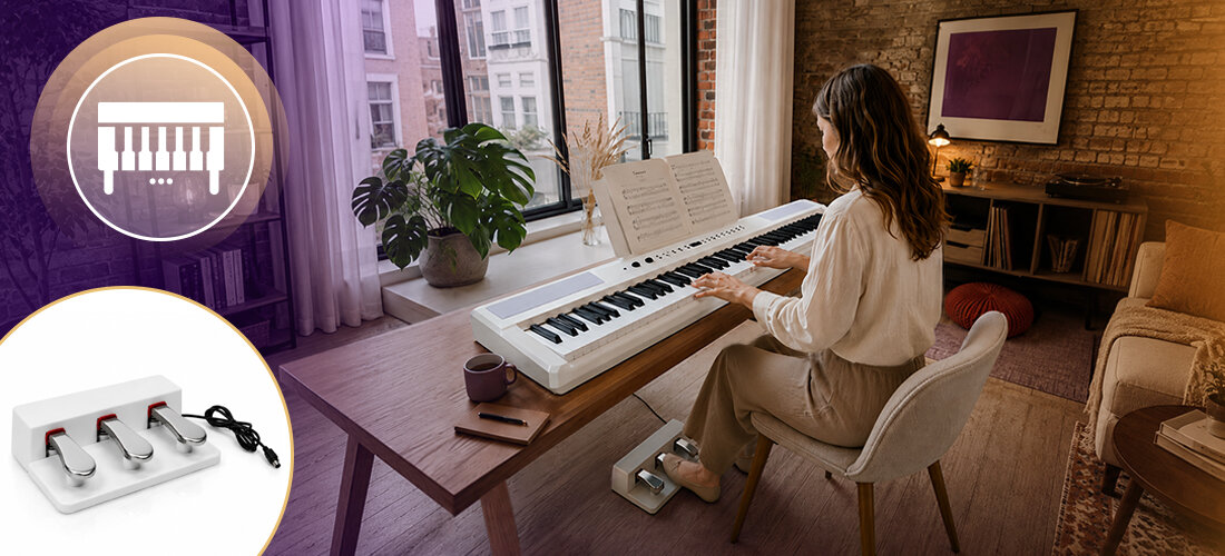 Pianino cyfrowe MUSICMATE MM-P30-W ConcertoGo 128 brzmień 128 rytmów dual split metronom, osoba grająca na pianinie