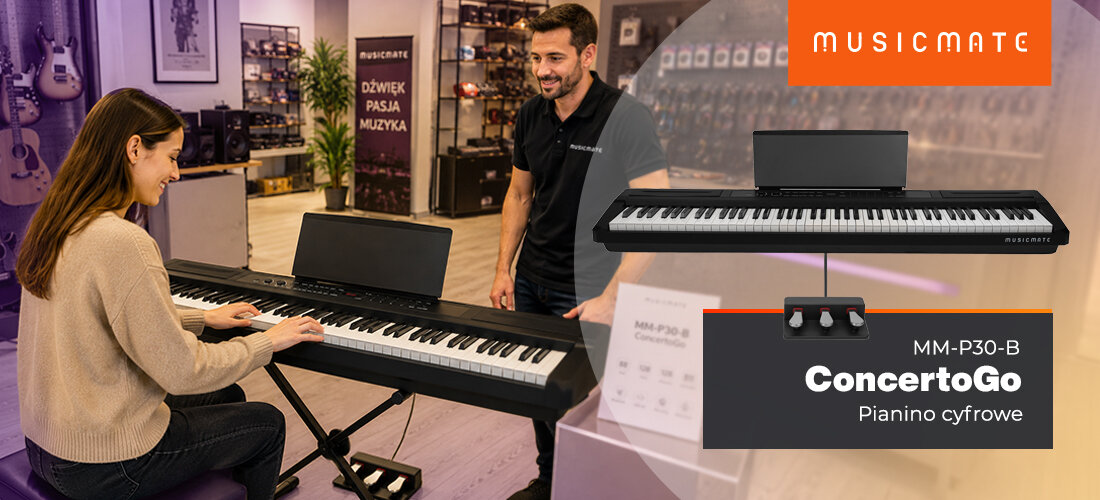 Pianino cyfrowe MUSICMATE MM-P30-B ConcertoGo pełnowymiarowa klawiatura instrument do nauki i gry, osoba grająca na pianinie