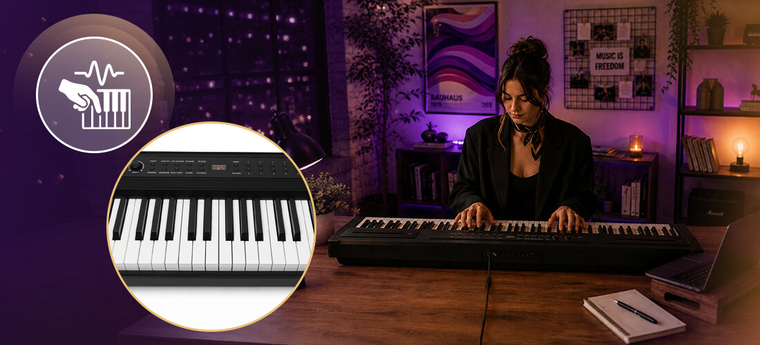 Pianino cyfrowe MUSICMATE MM-P30-B ConcertoGo 88 klawiszy Hammer Action Bluetooth LED, osoba grająca na pianinie