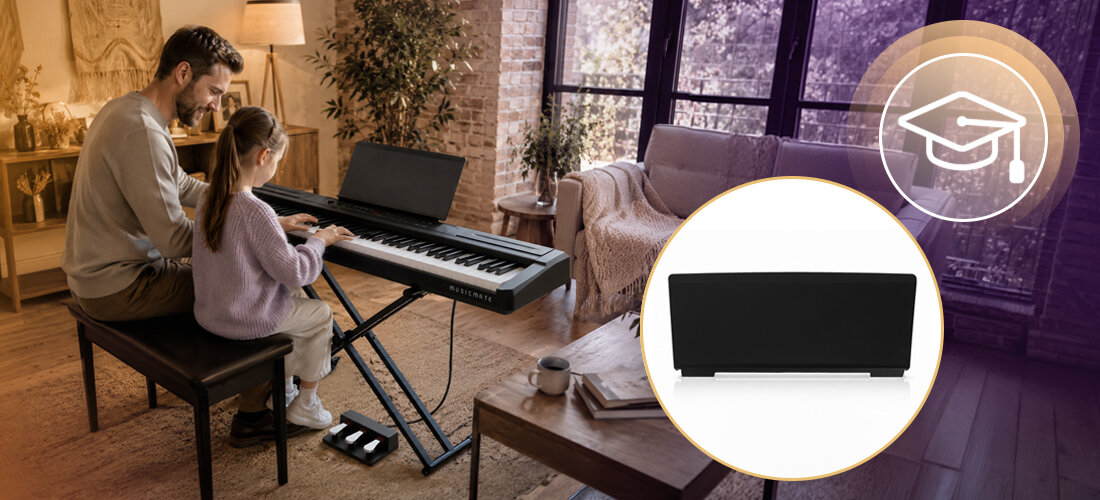 Pianino cyfrowe MUSICMATE MM-P30-B ConcertoGo regulacja dynamiki transpozycja pamięć ustawień, dziecko z rodzicem grające na pianinie