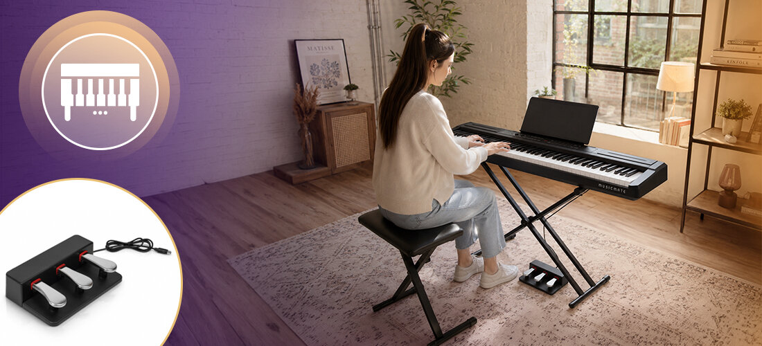 Pianino cyfrowe MUSICMATE MM-P30-B ConcertoGo 128 brzmień 128 rytmów dual split metronom, osoba grająca na pianinie