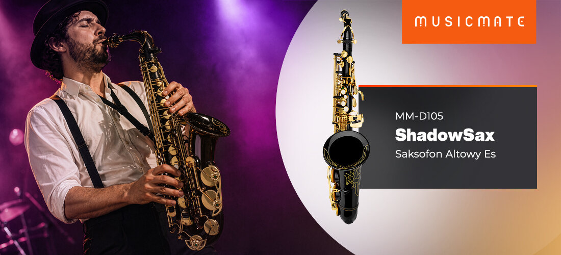 Saksofon altowy MUSICMATE MM-D105 ShadowSax czarno-złote wykończenie instrument muzyczny, osoba grająca na saksofonie