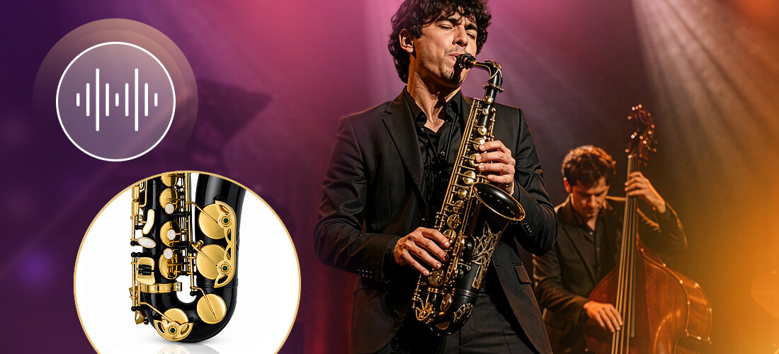 Saksofon altowy MUSICMATE MM-D105 ShadowSax mosiężna konstrukcja stabilne brzmienie i lakier ochronny, osoba grająca na saksofonie