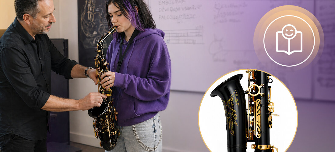 Saksofon altowy MUSICMATE MM-D105 ShadowSax czyste brzmienie wyrównana intonacja, osoba grająca na saksofonie