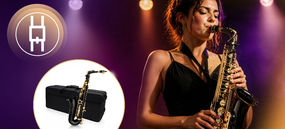 Saksofon altowy MUSICMATE MM-D105 ShadowSax futerał pasek na szyję wygodny transport, osoba grająca na saksofonie