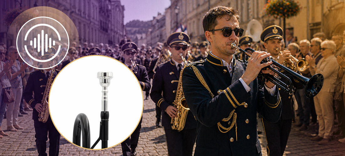 Trąbka MUSICMATE MM-D85 MidnightTrumpet Bb mosiądz futerał czarno-złote wykończenie, osoba grająca na trąbce
