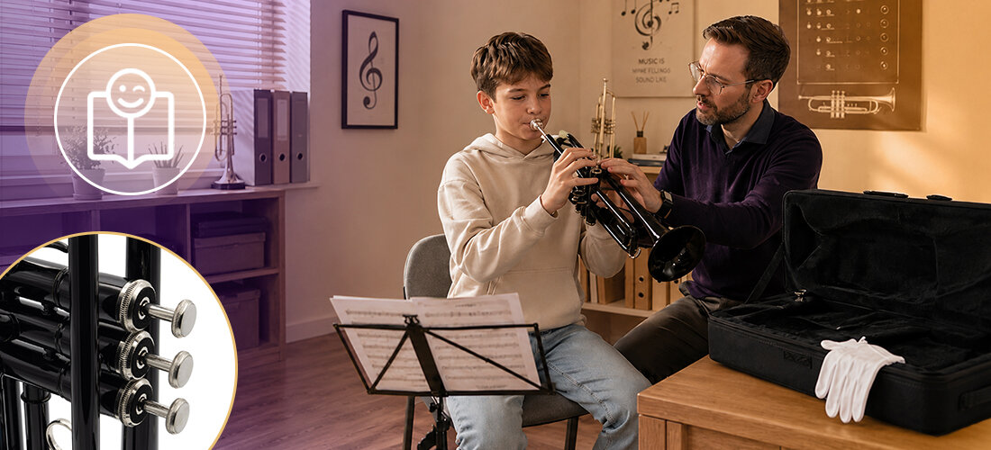 Trąbka MUSICMATE MM-D85 MidnightTrumpet mosiężna konstrukcja lakier tłoki masa 1,16 kg, dziecko uczące się gry na trąbce