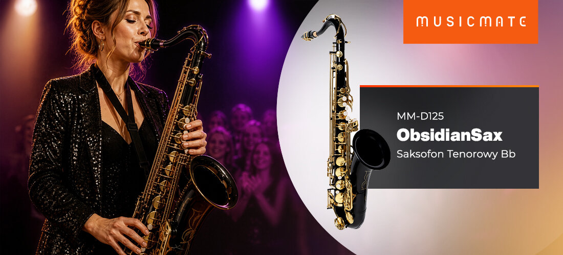 Saksofon tenorowy MUSICMATE MM-D125 ObsidianSax czarno-złote wykończenie instrument muzyczny, osoba grająca na saksofonie