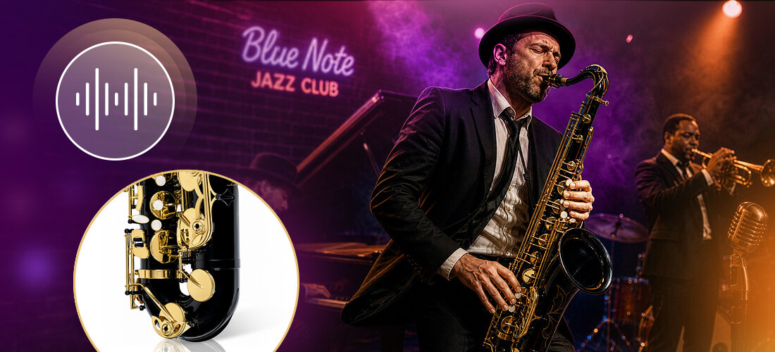 Saksofon tenorowy MUSICMATE MM-D125 ObsidianSax mosiężny korpus stabilne brzmienie, osoba grająca na saksofonie