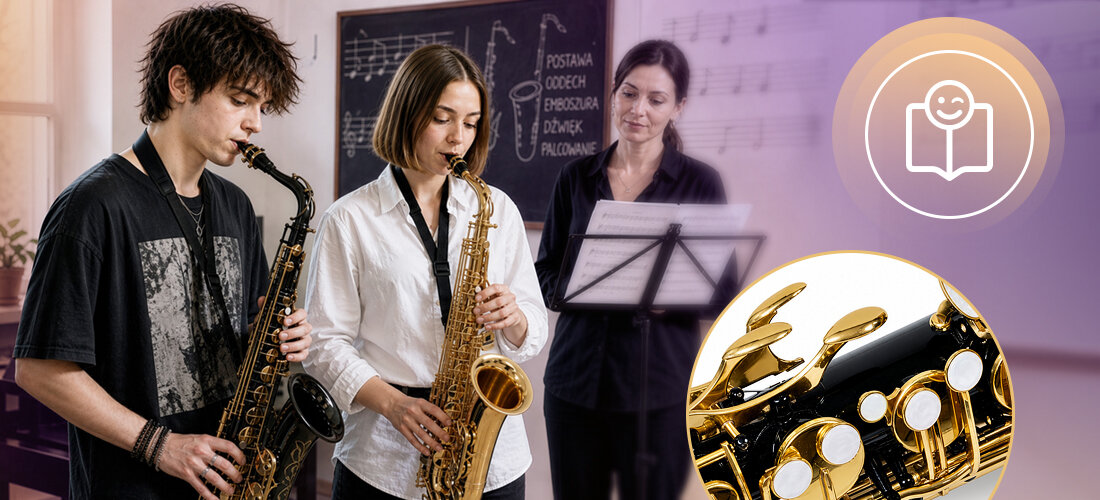 Saksofon tenorowy MUSICMATE MM-D125 ObsidianSax wyrównana intonacja projekcja dźwięku, osoby grające na saksofonie