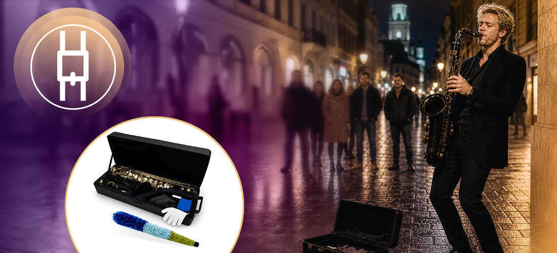 Saksofon tenorowy MUSICMATE MM-D125 ObsidianSax czarny lakier złote detale, osoba grająca na saksofonie na deptaku