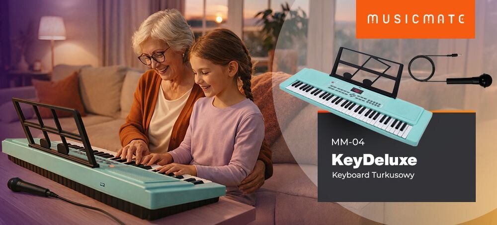 Na obrazie widoczny jest keyboard w kolorze turkusowym z logo MUSICMATE oraz mikrofon. Obok znajduje się napis: \'MM-04 KeyDeluxe Keyboard Turkusowy\'.