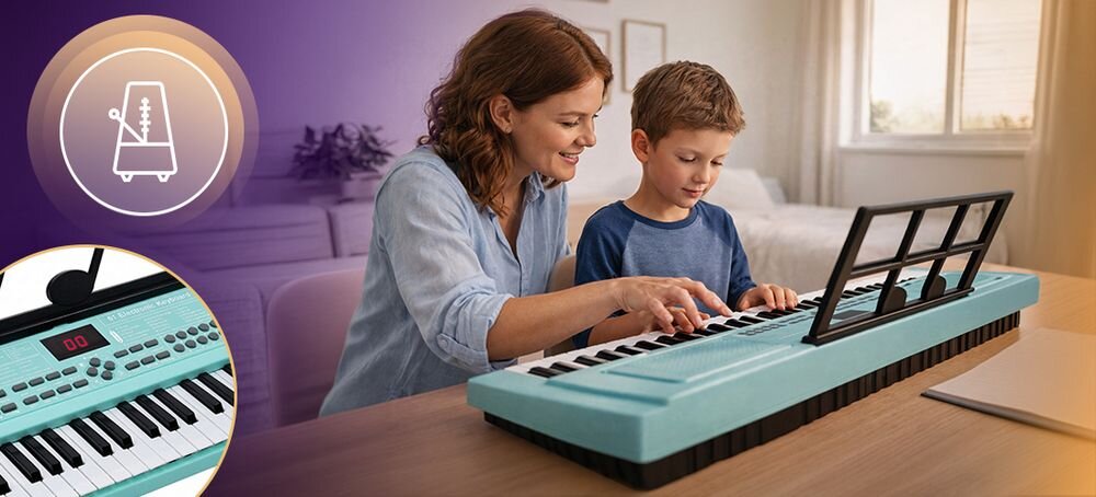 Na obrazie widać kobietę i dziecko grających na turkusowym keyboardzie z nutownikiem. W tle znajduje się okno, a po lewej stronie widoczna jest ikona metronomu.
