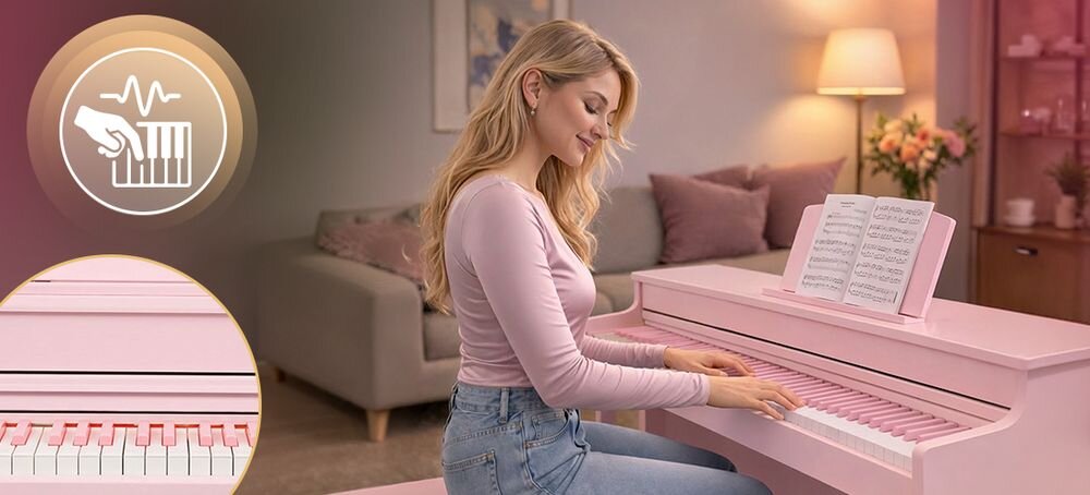Pianino cyfrowe MUSICMATE MM-P80-P LegacyLine 88 ważonych klawiszy Hammer Action pedał 3-funkcyjny, osoba grająca na pianinie