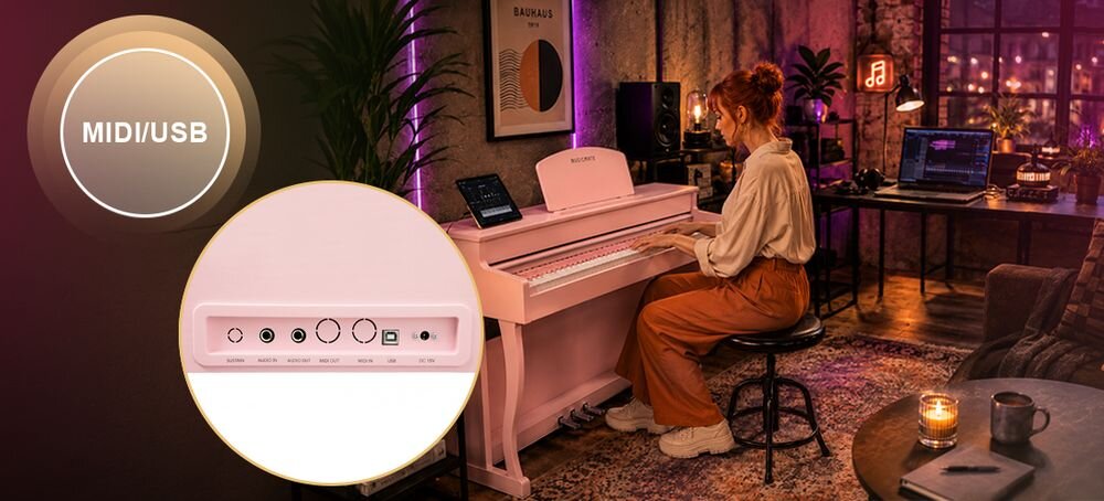 Pianino cyfrowe MUSICMATE MM-P80-P LegacyLine Bluetooth USB MIDI audio dwa gniazda słuchawkowe, osoba grająca na