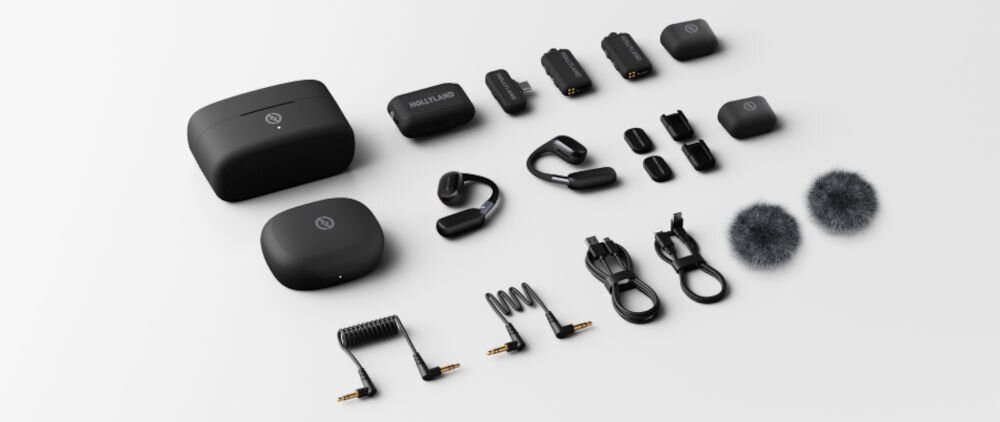 System bezprzewodowy HOLLYLAND Lark Max 2 Ultimate Combo prezentacja zestawu bezprzewodowego wraz z akcesoriami na białym tle