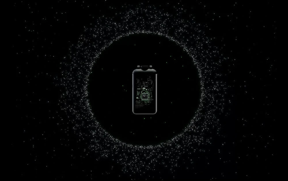 System bezprzewodowy HOLLYLAND Lark Max 2 Ultimate Combo Nadajnik MAX 2 pokazuje wnętrze klipsa AI, otoczony jest okrągłymi punktami świetlnymi na czarnym tle redukcja szumów oparta na sztucznej inteligencji eliminacja hałasu rozumienie dźwięku krystalicznie czysty dźwięk