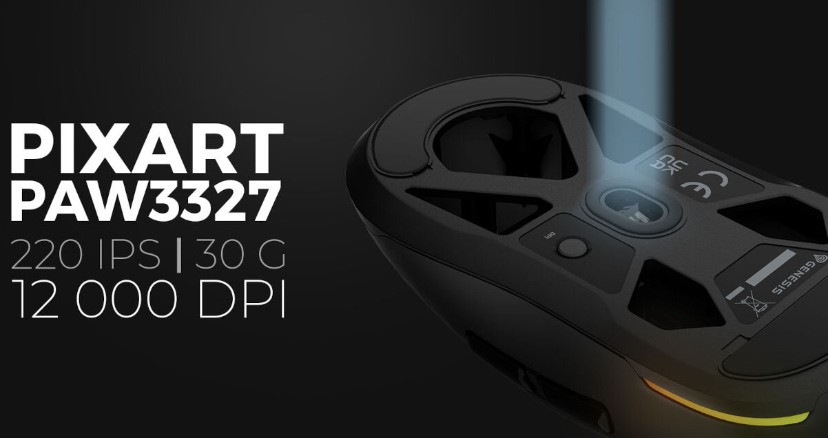 Mysz GENESIS Krypton 660 RGB Czarny precyzyjny sensor PAW3327 o rozdzielczości do 12 000 DPI brak zjawiska akceleracji pozytywnej i negatywnej