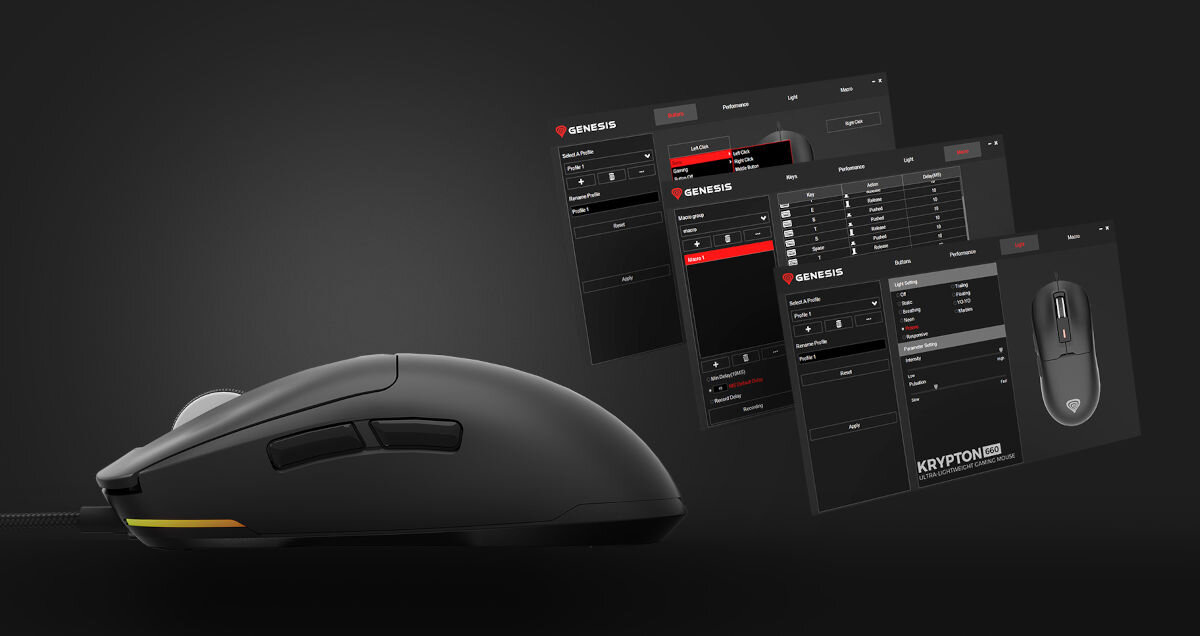 Mysz GENESIS Krypton 660 RGB Czarny aplikacja Genesis możliwość tworzenia profili ustawiania makr personalizacji przycisków i podświetlenia 6 programowalnych przycisków wbudowana pamięć