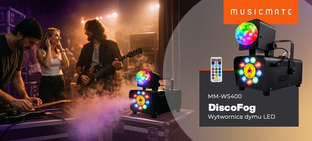 Wytwornica dymu MUSICMATE MM-WS400 DiscoFog z efektem LED RGB i gęstym dymem na imprezy, urządzenie stojące na scenie