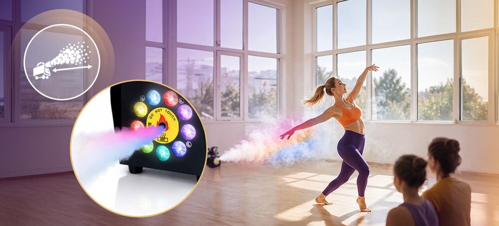 Wytwornica dymu MUSICMATE MM-WS400 DiscoFog z LED RGB i efektem magic ball do imprez DJ, urządzenie stojące na parkiecie