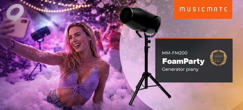 Generator piany MUSICMATE MM-FM200 FoamParty do imprez plenerowych z mocnym wyrzutem piany i mobilną konstrukcją, statyw po skosie w pianie
