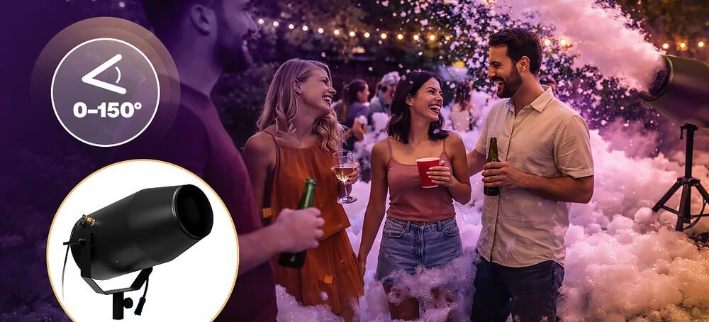 Generator piany MUSICMATE MM-FM200 FoamParty z mocą 1000 W i wyrzutem piany do 5 metrów na eventy i festiwale, statyw po skosie w pianie