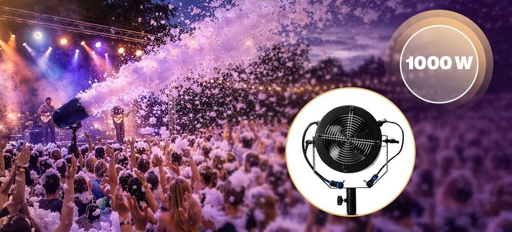 Generator piany MUSICMATE MM-FM200 FoamParty z regulacją kąta pracy i statywem 60 cm do pianowych eventów, statyw po skosie w pianie