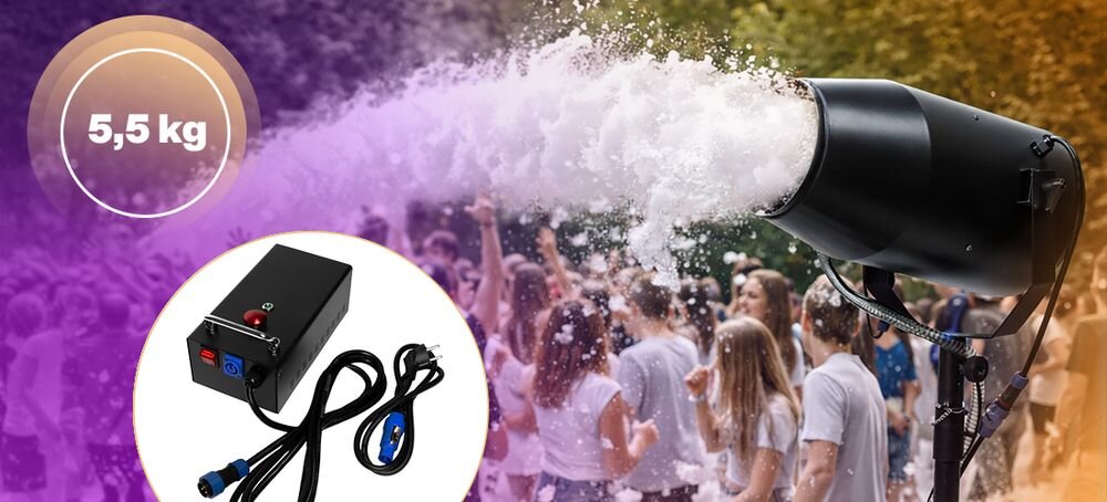 Generator piany MUSICMATE MM-FM200 FoamParty z wentylatorem, pompą wody i ręcznym sterowaniem efektu piany, statyw po skosie w pianie