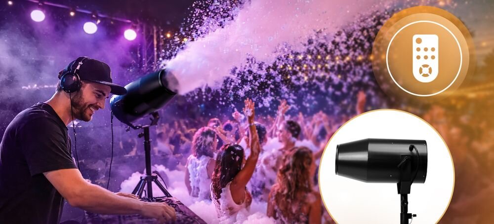 Generator piany MUSICMATE MM-FM200 FoamParty z metalową konstrukcją i kompaktowymi wymiarami do mobilnych eventów, statyw po skosie w pianie