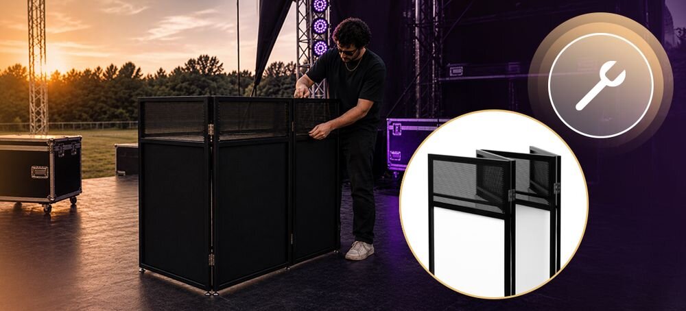 Parawan MUSICMATE DJ MM-DJ300 Djdesk stabilna konstrukcja metalowa z regulowanymi stopkami i wentylowanym blatem DJ, parawan stojący na scenie