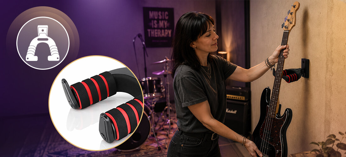 Uchwyt ścienny do gitary MUSICMATE MM-AG20 SafeHook, mechanizm zabezpieczający, miękkie osłony, czarne wykończenie