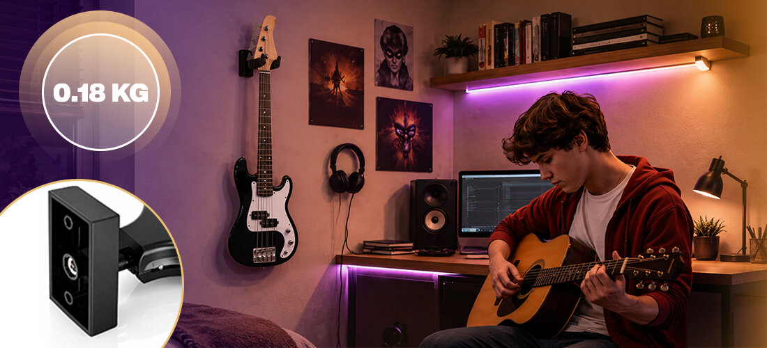 Uchwyt ścienny do gitary MUSICMATE MM-AG20 SafeHook, gitary akustyczne, klasyczne, elektryczne, basowe, ukulele, mandolina, banjo, skrzypce