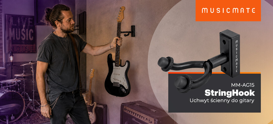 Uchwyt ścienny do gitary MUSICMATE MM-AG15 StringHook, kompaktowa konstrukcja, przechowywanie instrumentu