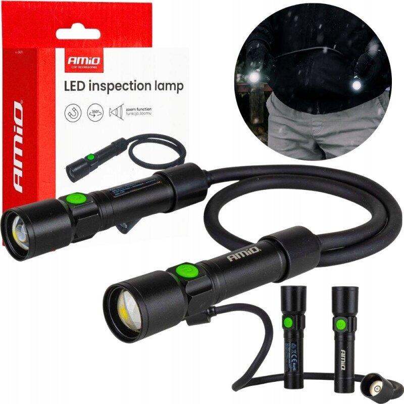 Na obrazie widoczna jest lampka inspekcyjna z elastycznym przewodem i dwoma źródłami światła, obok znajduje się opakowanie z napisem \'LED inspection lamp\'. W tle widać osobę trzymającą lampkę na szyi, a na opakowaniu logo \'AMiO\'.