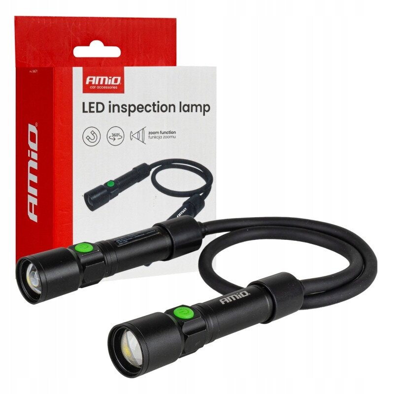 Na obrazie widoczna jest czarna lampka inspekcyjna z elastycznym przewodem oraz opakowanie z napisem \'AMiO LED inspection lamp\'. Opakowanie zawiera również ikony przedstawiające funkcje lampki, takie jak funkcja zoomu i obrót 360 stopni.