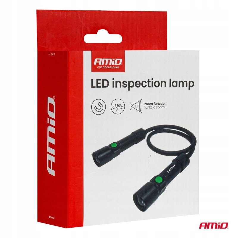 Opakowanie produktu z napisem \'AMiO LED inspection lamp\' oraz grafiką lampki inspekcyjnej z elastycznym przewodem. Widoczne są ikony funkcji: magnes, obrót 360°, funkcja zoomu.