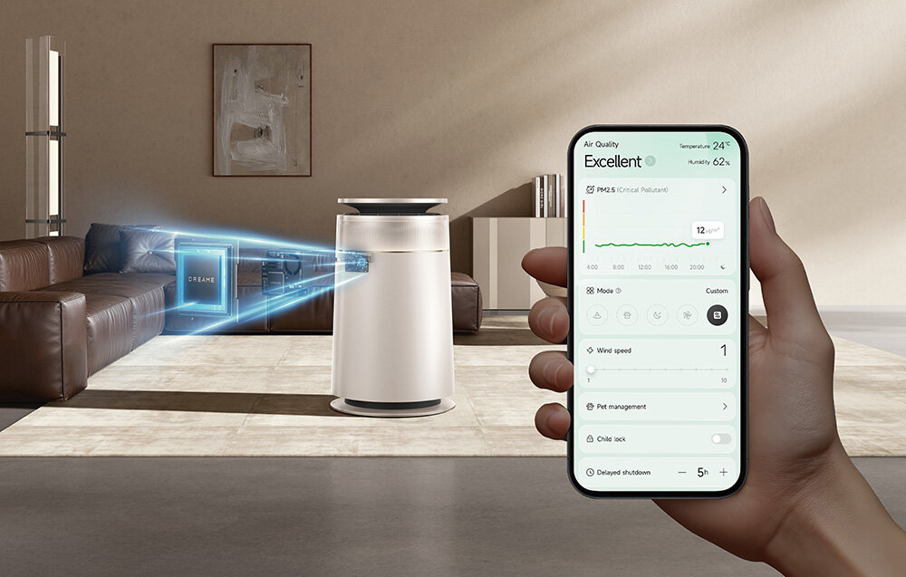 Oczyszczacz powietrza Dreame Furcatch FP10 Światło i wygodna obsługa w pierścieniowe podświetlenie można sterować z poziomu aplikacji Dreamehome umożliwia zdalną kontrolę podgląd raportów jakości powietrza oddzielnie podstawa