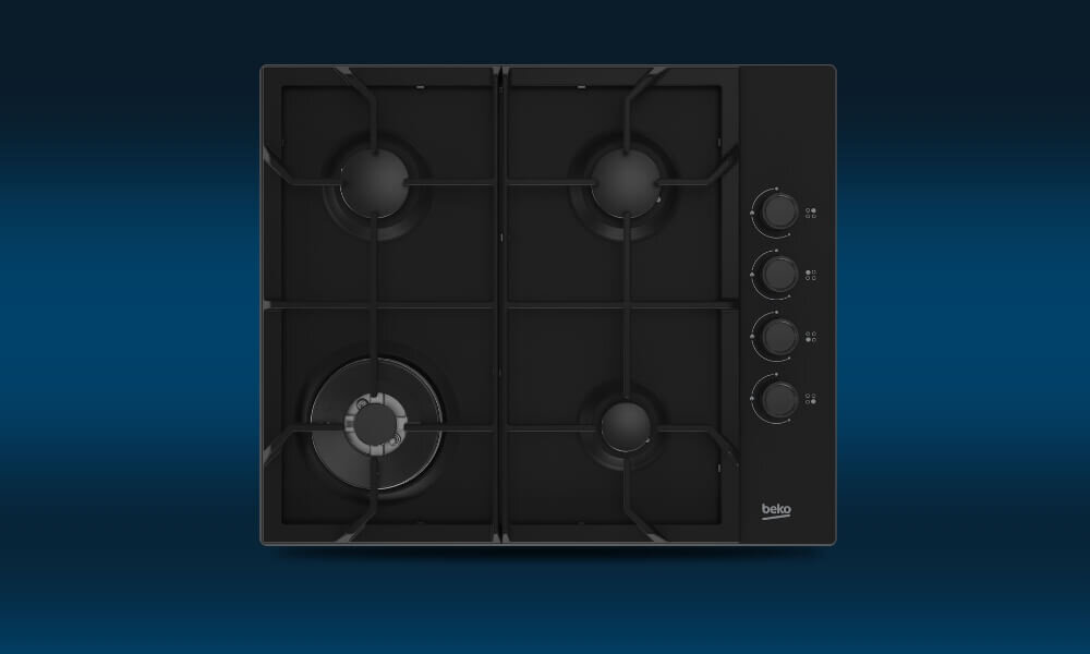 PŁYTA BEKO b100 HIBW64125SB Na grafice przedstawiono srebrną płytę gazową Beko z czterema palnikami rozmieszczonymi symetrycznie oraz czterema pokrętłami sterującymi umieszczonymi pionowo po prawej stronie. Urządzenie pokazano na granatowym tle z delikatnym przejściem tonalnym, co eksponuje prostą i funkcjonalną konstrukcję płyty płyta gazowa 60 cm szkło design łatwe czyszczenie 4 palniki