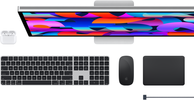 Akcesoria do Maca: AirPods, Studio Display, Magic Keyboard, Magic Mouse, Magic Trackpad, przewód ładujący MagSafe