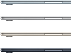 Pokazane bokiem cztery MacBooki Air w czterech różnych kolorach