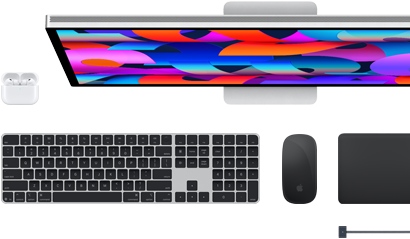 Akcesoria do Maca: AirPods, Studio Display, Magic Keyboard, Magic Mouse, Magic Trackpad, przewód ładujący MagSafe