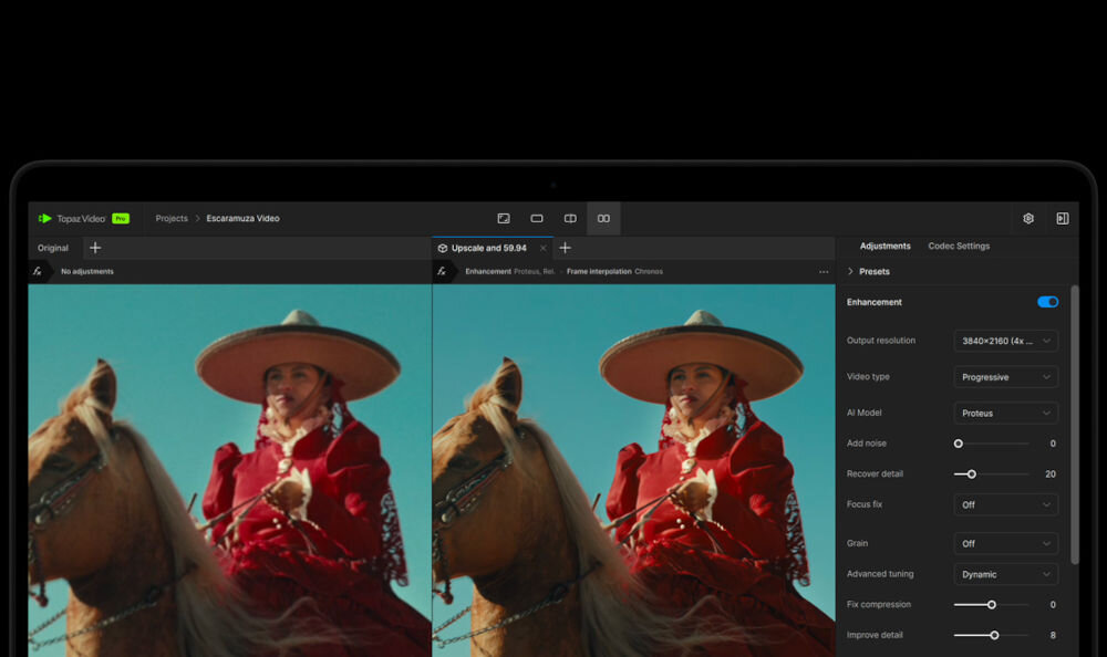 Laptop APPLE MacBook Pro 2026 Interfejs programu Topaz Video AI na ekranie laptopa, pokazujący porównanie przed i po procesu upscalingu wideo z kobietą na koniu.