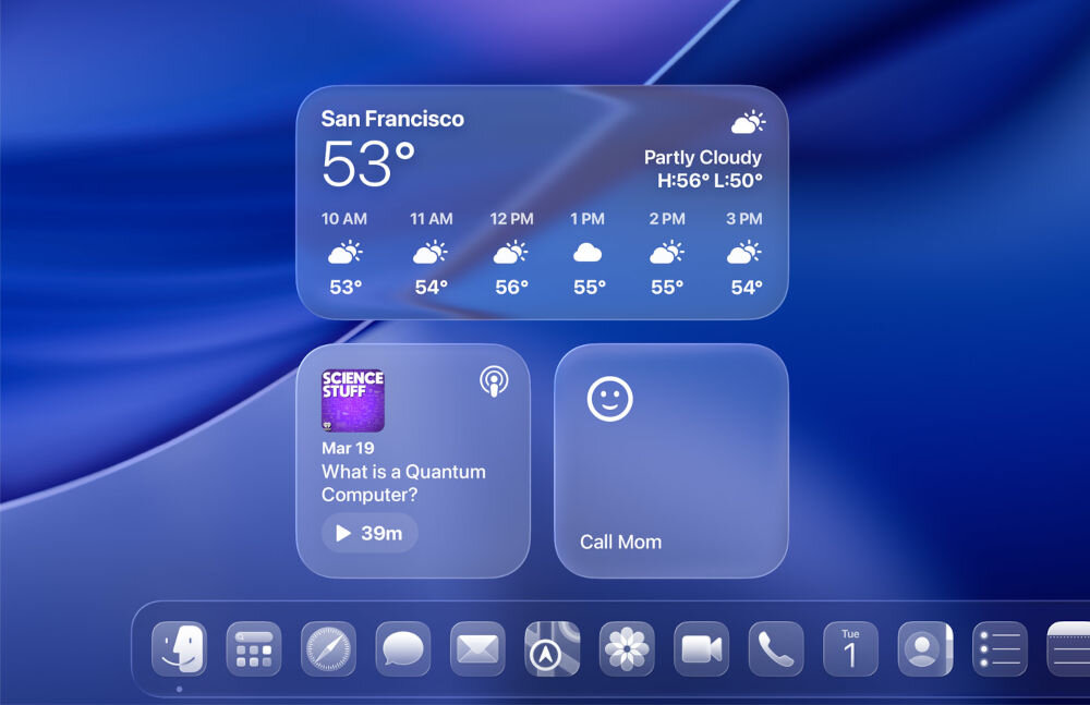 Laptop APPLE MacBook Pro 2026 Zbliżenie na widgety systemowe macOS (Pogoda, Podcasty, Skróty) umieszczone na biurku z charakterystyczną, dynamiczną niebieską tapetą.