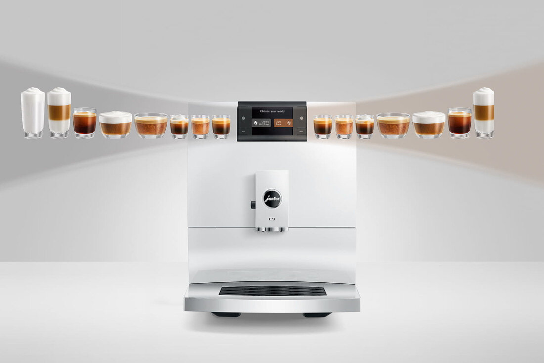 Ekspres JURA C9 Piano Biały dwa wymiary przyjemności podwójny wybór smaku  Light Extraction Process  Light Brew klasyczna gorąca kawa Proces Ekstrakcji Pulsacyjnej P.E.P.® doznania aromat