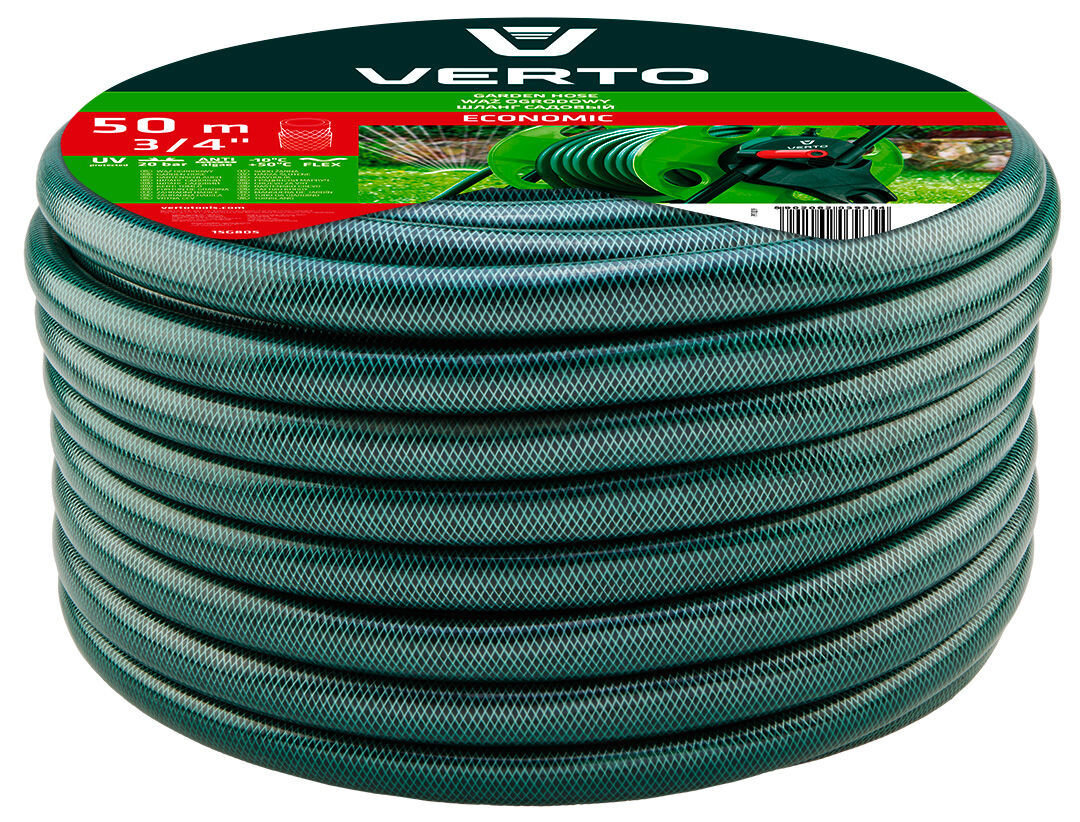 Wąż ogrodowy VERTO Economic 3/4 50 m 15G805, długość, średnica, wytrzymałość, stabilność, na białym tle wąż w szpuli fabrycznie zapakowany