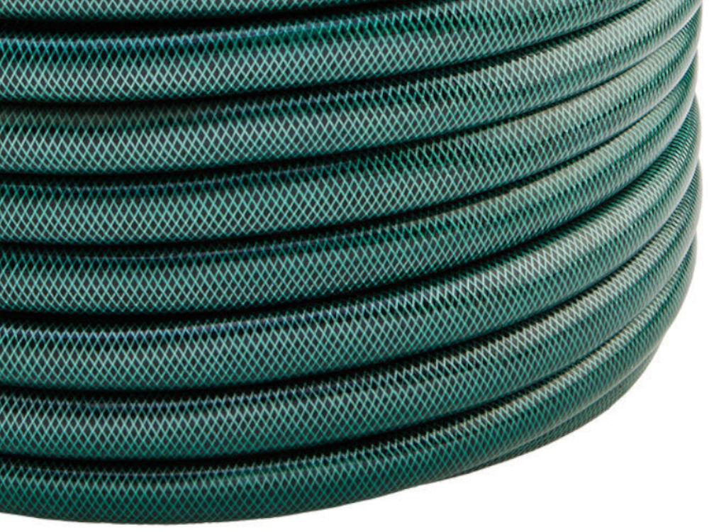 Wąż ogrodowy VERTO Economic 3/4 50 m 15G805, temperatura, zakres, elastyczność, chłodne, na białym tle zbliżenie na konstrukcję węża w szpuli