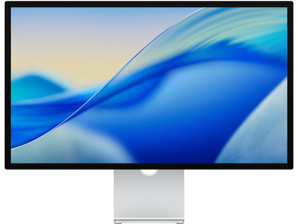 Monitor APPLE Studio Display Monitor Apple Studio Display z kolorową, abstrakcyjną tapetą na ekranie.