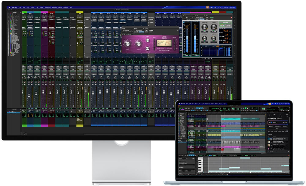 Monitor APPLE Studio Display Monitor Apple Studio Display połączony z laptopem MacBook Pro, oba wyświetlające profesjonalny interfejs do edycji dźwięku.